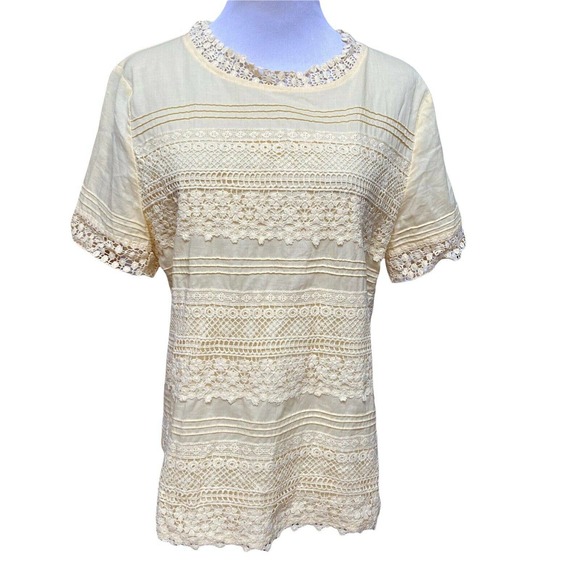 Ellison Womens Large Cotton Yellow Crochet Lined Round Neck Blouse Top - Picture 1 of 8
